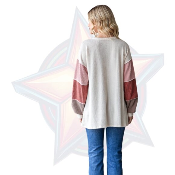 21c HEIMISH Stretchy Ribbed Color Block Top in Oatmeal and Pinks - Picture 2 of 2